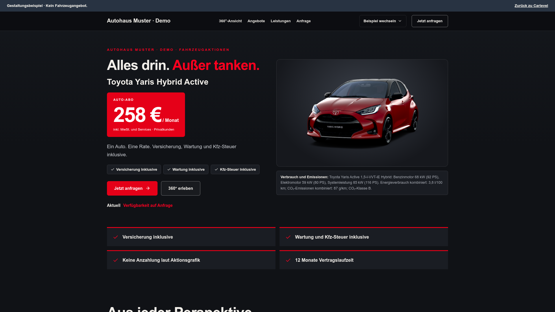 Screenshot einer Fahrzeug-Angebotsseite mit Toyota Yaris Hybrid Aktionsangebot